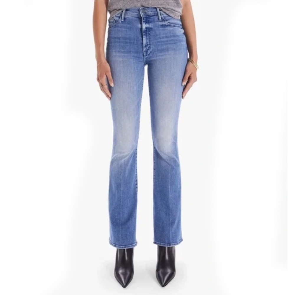 MOTHER Jean High Waisted Weekender Skimp in We The Animals Stretch Flare Blue 28